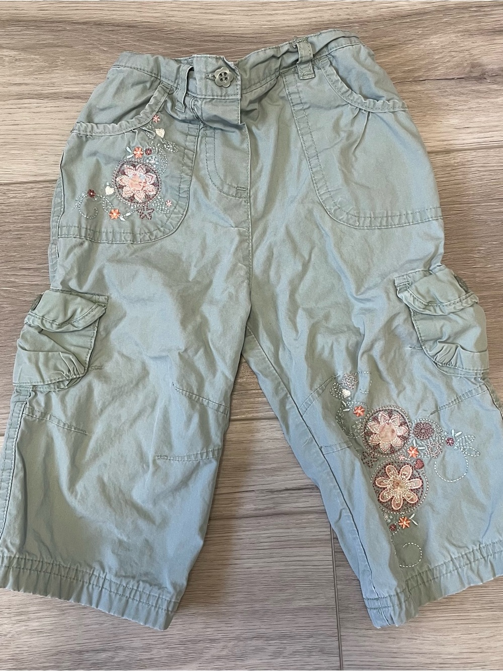 3/$15 Baby Girls' Floral Embroidered Cargo Pants - Sage Green Size 9-12M